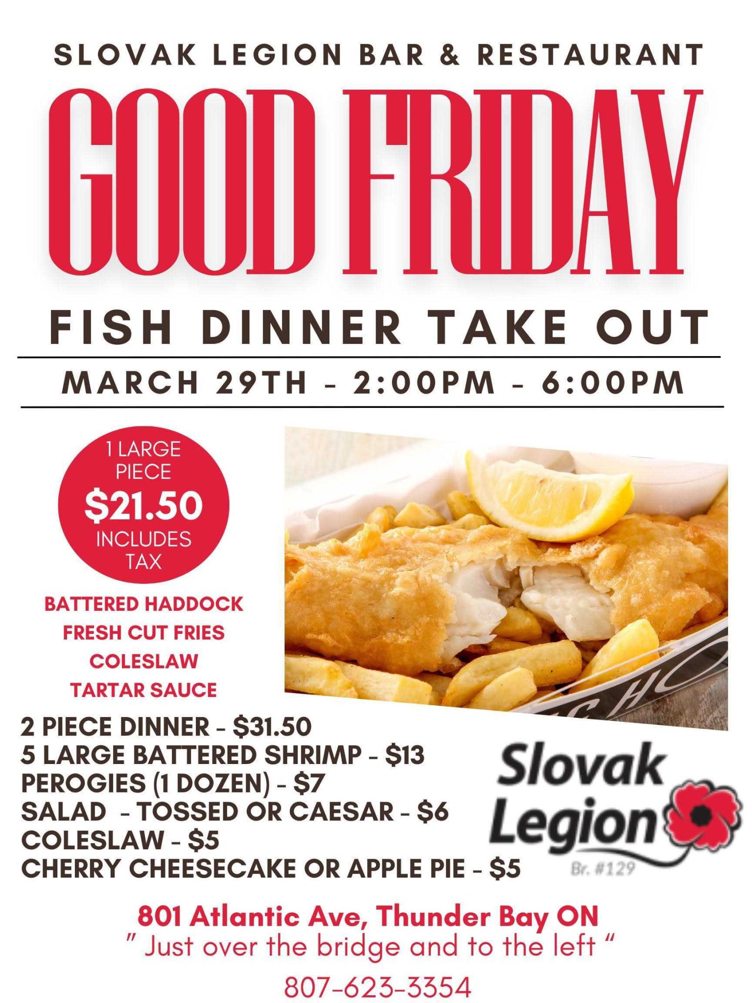 SLOVAK LEGION GOOD FRIDAY FISH TAKE OUT 2PM TO 6PM March 29 2024